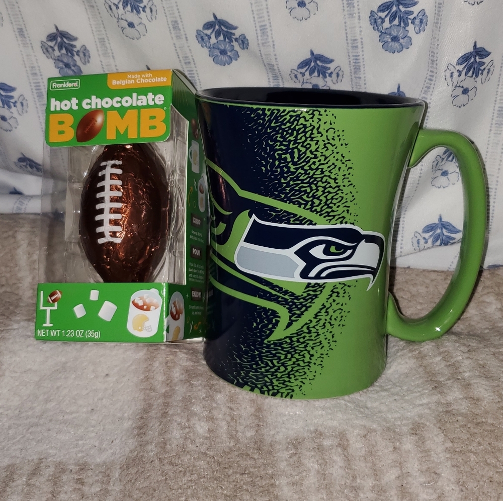 NFL Seattle Seahawks Mocha Mug and NIB Football Shaped Hot Chocolate Set